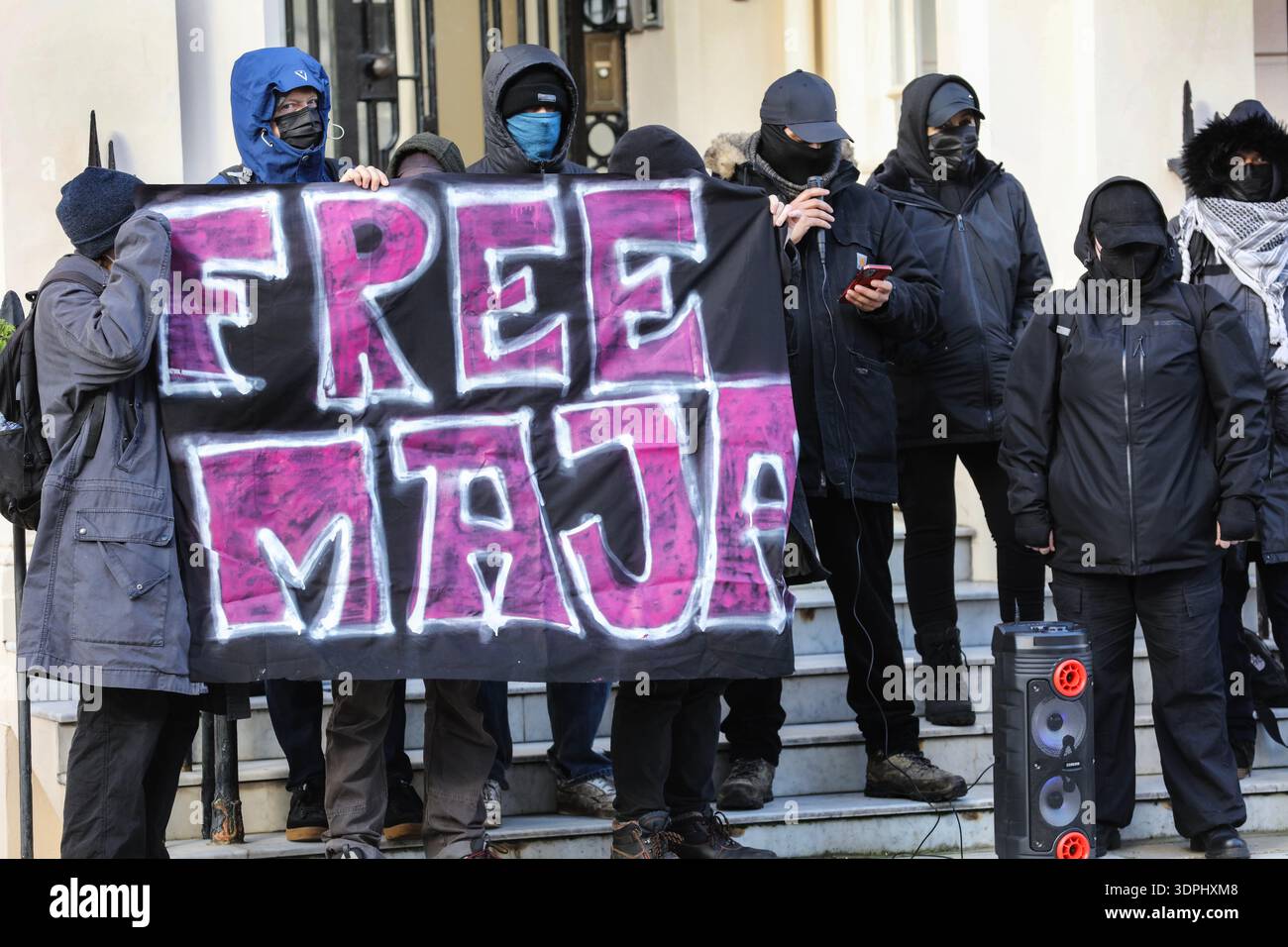 london-uk-14th-feb-2026-antifa-protesters-old-a-banner-saying-free-maja-as-they-protest-in-solidarity-with-the-imprisoned-activist-on-the-steps-of-the-hungarian-embassy-in-london-a-g.jpg